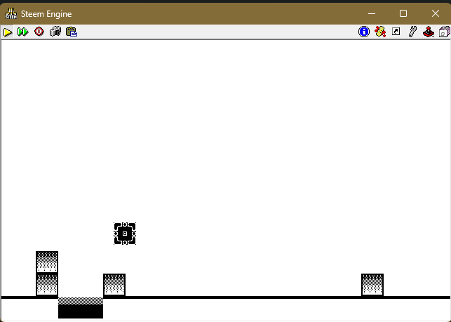 Steem Engine window: monochrome pixel platformer level with ground, blocks, and player square mid-jump