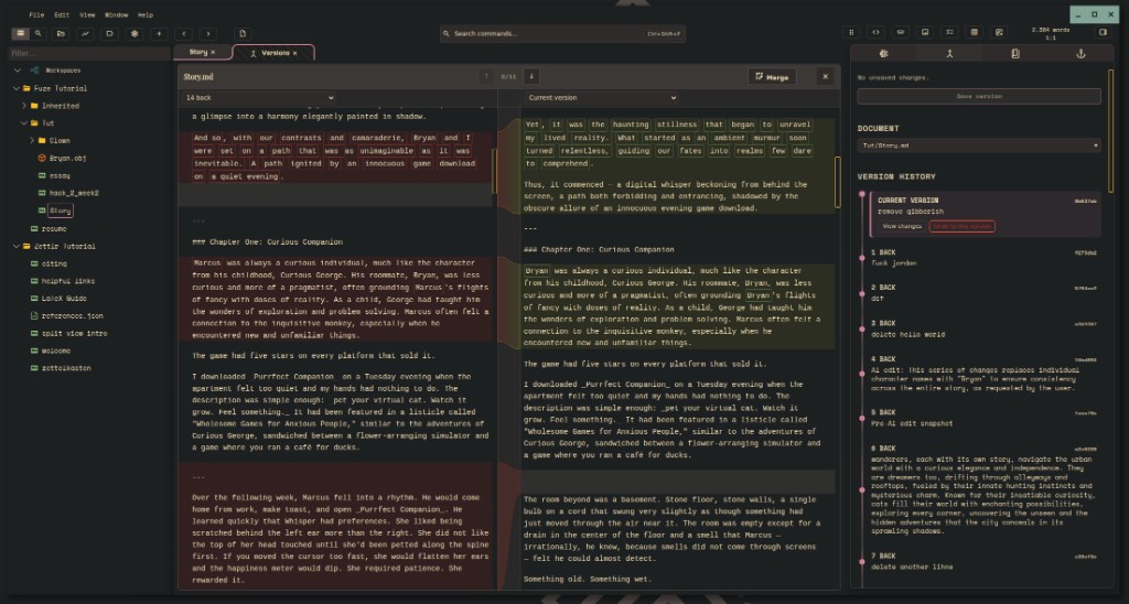 Gruvbox Editor screenshot: file tree, side-by-side diff of Story.md, and version history with save and merge controls