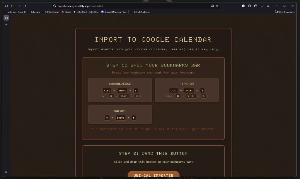 My Schedule Sync bookmarklet page: Gruvbox-style dark UI with steps to show the bookmarks bar and drag the Uni-Cal importer button